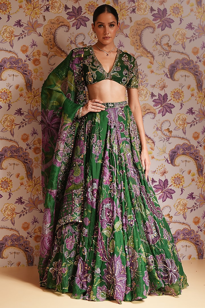 Green Silk Organza Printed Bridal Lehenga Set by Mahima Mahajan at Pernia's Pop Up Shop