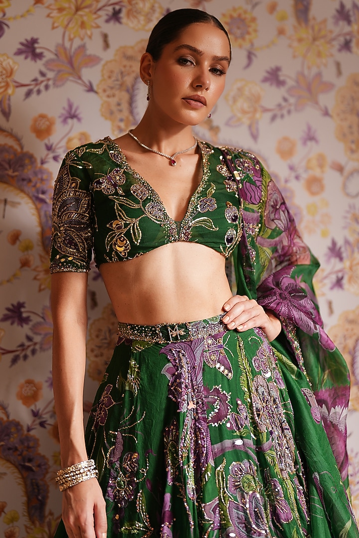 Green Silk Organza Printed Bridal Lehenga Set by Mahima Mahajan at Pernia's Pop Up Shop