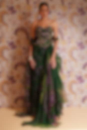 Green Silk Organza Hand Embroidered Draped Skirt Set by Mahima Mahajan at Pernia's Pop Up Shop