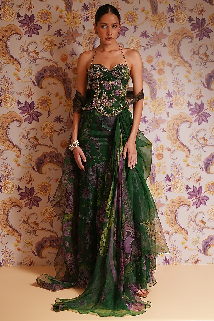 Green Silk Organza Hand Embroidered Draped Skirt Set by Mahima Mahajan at Pernia's Pop Up Shop
