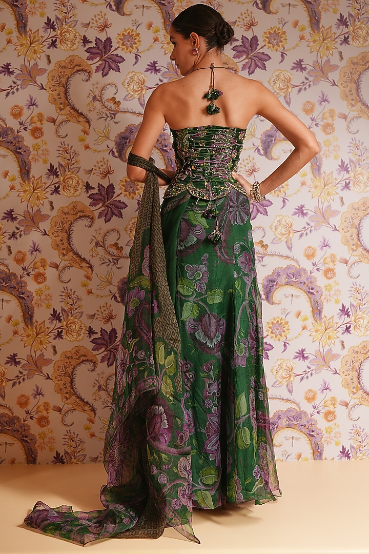 Green Silk Organza Hand Embroidered Draped Skirt Set by Mahima Mahajan at Pernia's Pop Up Shop