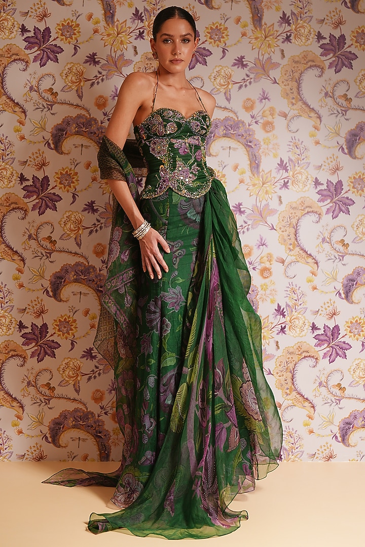Green Silk Organza Hand Embroidered Draped Skirt Set by Mahima Mahajan at Pernia's Pop Up Shop