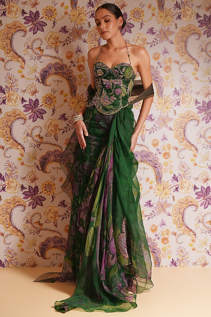 Green Silk Organza Hand Embroidered Draped Skirt Set by Mahima Mahajan at Pernia's Pop Up Shop