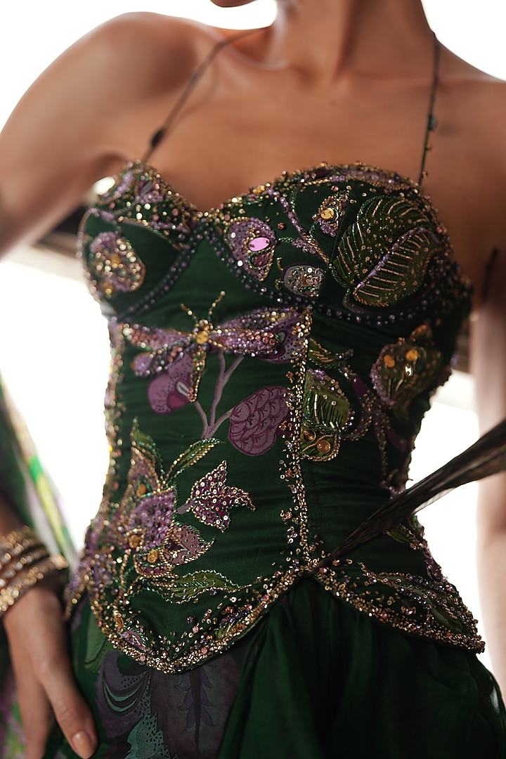 Green Silk Organza Hand Embroidered Draped Skirt Set by Mahima Mahajan at Pernia's Pop Up Shop