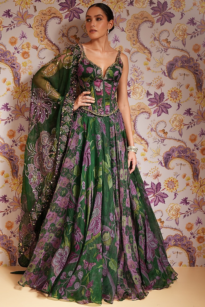 Green Silk Organza Floral Printed Wedding Lehenga Set by Mahima Mahajan at Pernia's Pop Up Shop
