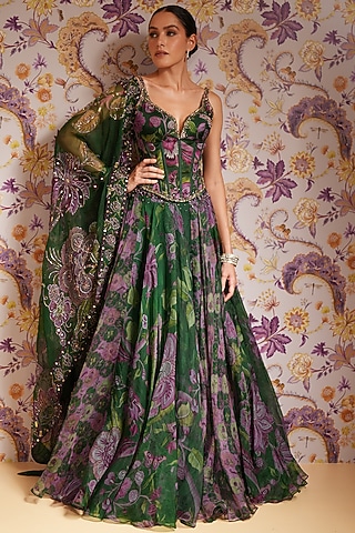 Green Silk Organza Floral Printed Lehenga Set by Mahima Mahajan