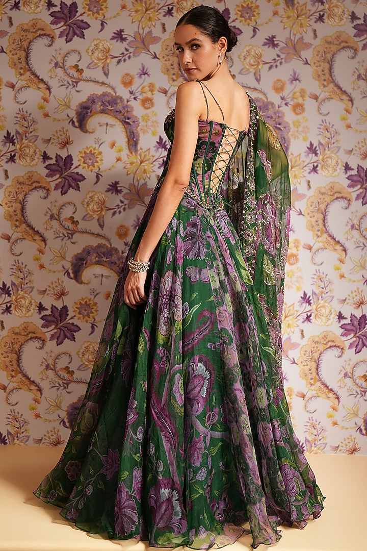 Green Silk Organza Floral Printed Wedding Lehenga Set by Mahima Mahajan at Pernia's Pop Up Shop