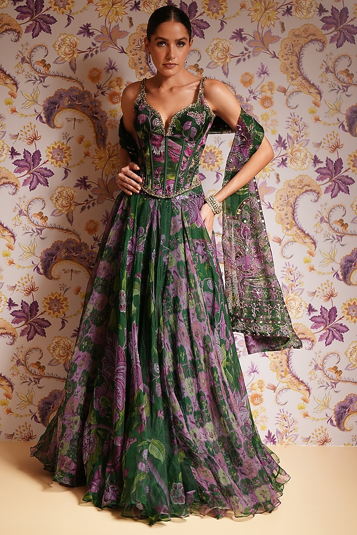 Green Silk Organza Floral Printed Wedding Lehenga Set by Mahima Mahajan at Pernia's Pop Up Shop