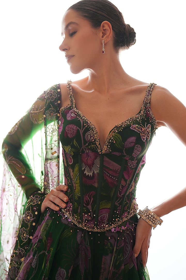 Green Silk Organza Floral Printed Wedding Lehenga Set by Mahima Mahajan at Pernia's Pop Up Shop