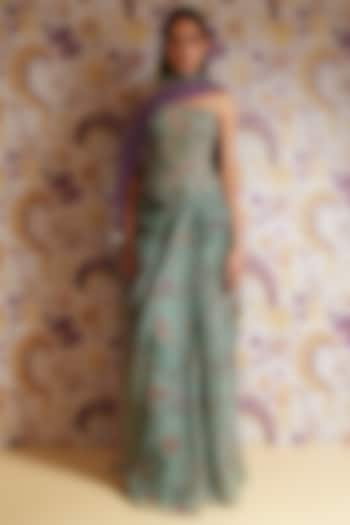 Green Silk Organza Floral Printed Draped Skirt Set by Mahima Mahajan at Pernia's Pop Up Shop