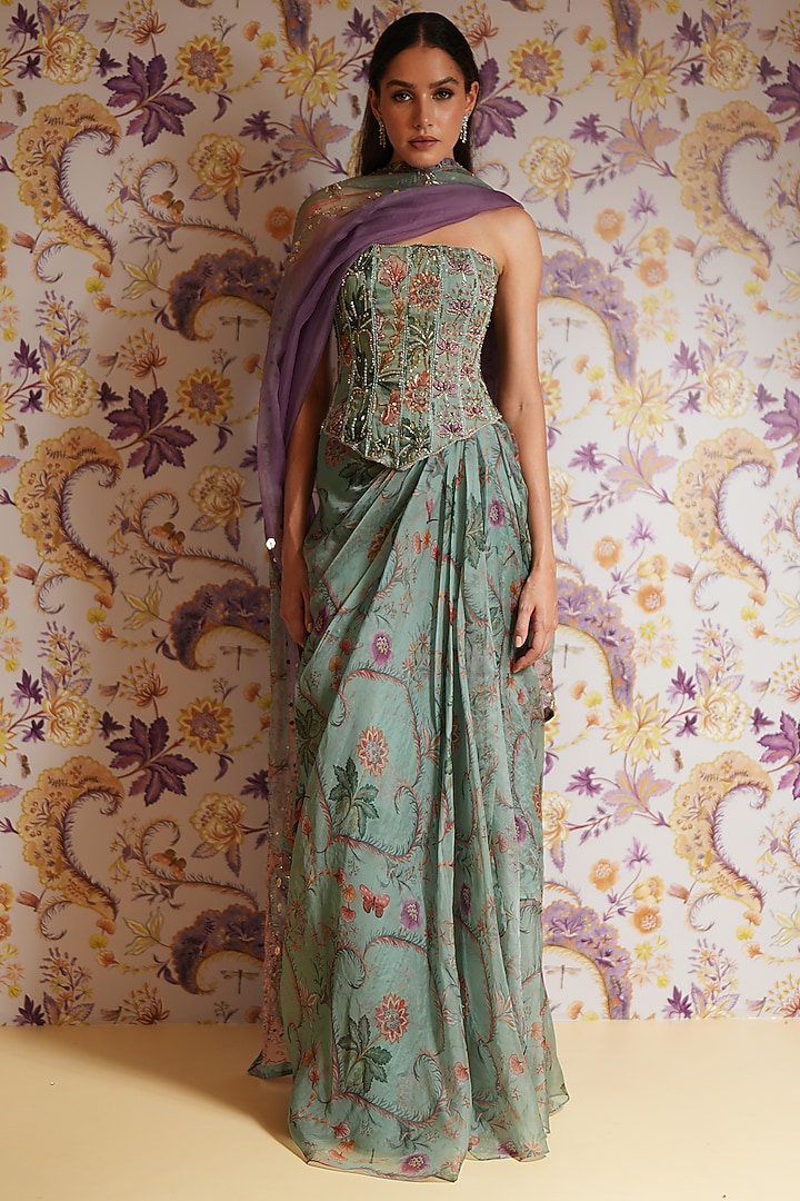 Green Silk Organza Floral Printed Draped Skirt Set by Mahima Mahajan at Pernia's Pop Up Shop