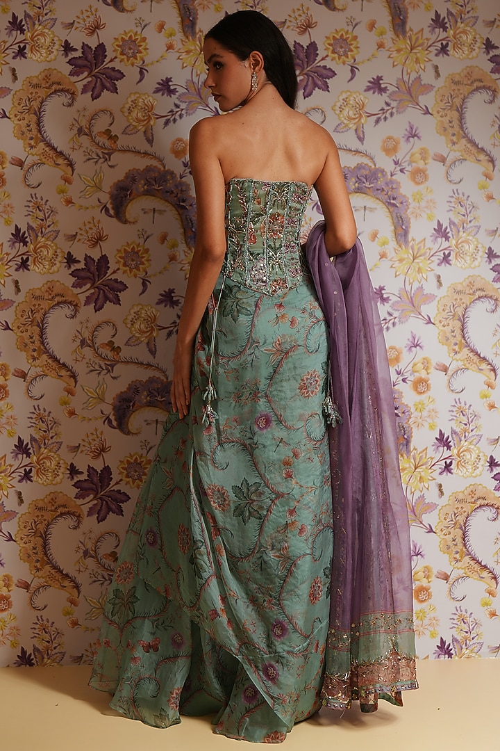 Green Silk Organza Floral Printed Draped Skirt Set by Mahima Mahajan at Pernia's Pop Up Shop