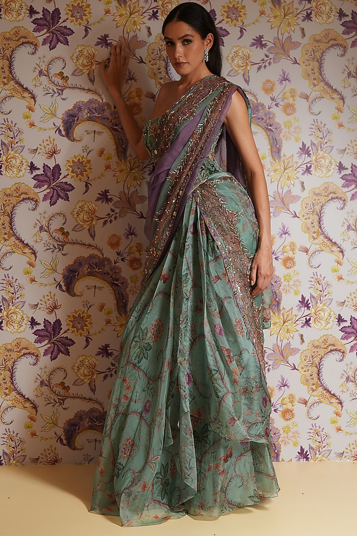 Green Silk Organza Floral Printed Draped Skirt Set by Mahima Mahajan at Pernia's Pop Up Shop