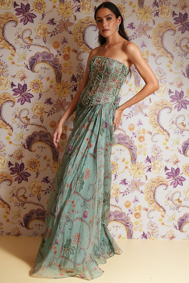 Green Silk Organza Floral Printed Draped Skirt Set by Mahima Mahajan at Pernia's Pop Up Shop