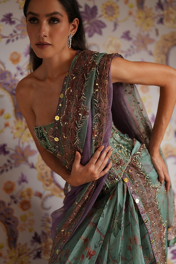 Green Silk Organza Floral Printed Draped Skirt Set by Mahima Mahajan at Pernia's Pop Up Shop