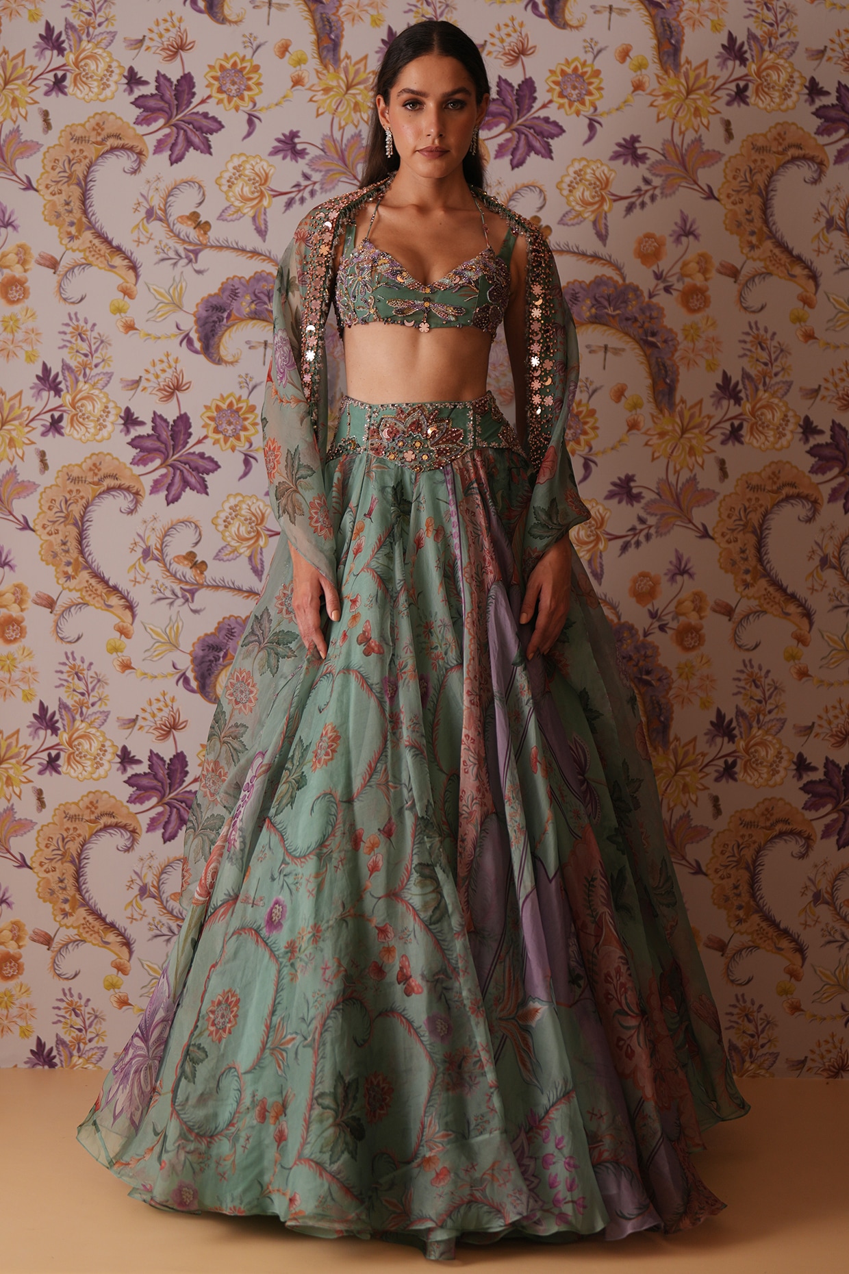 Mahima Mahajan Green Silk Organza Floral Printed Lehenga Set
