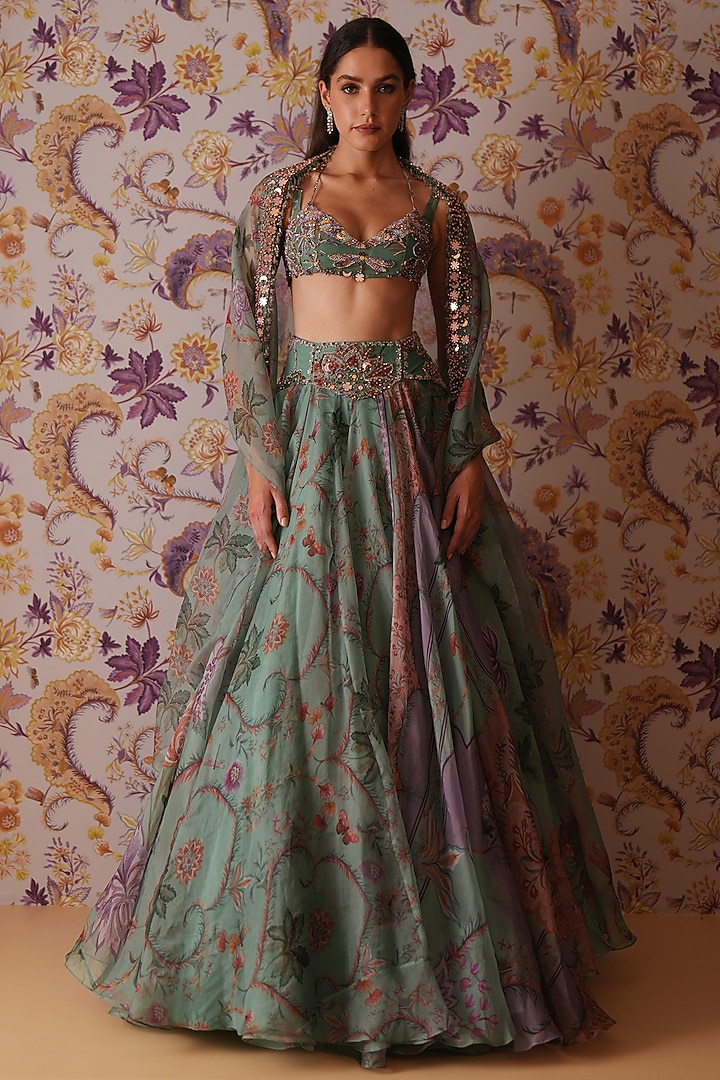 Green Silk Organza Floral Printed Wedding Lehenga Set by Mahima Mahajan at Pernia's Pop Up Shop