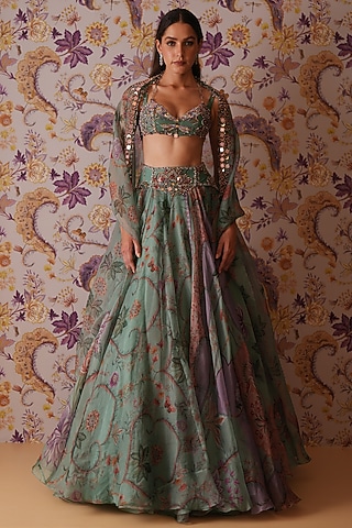 Green Silk Organza Floral Printed Lehenga Set by Mahima Mahajan