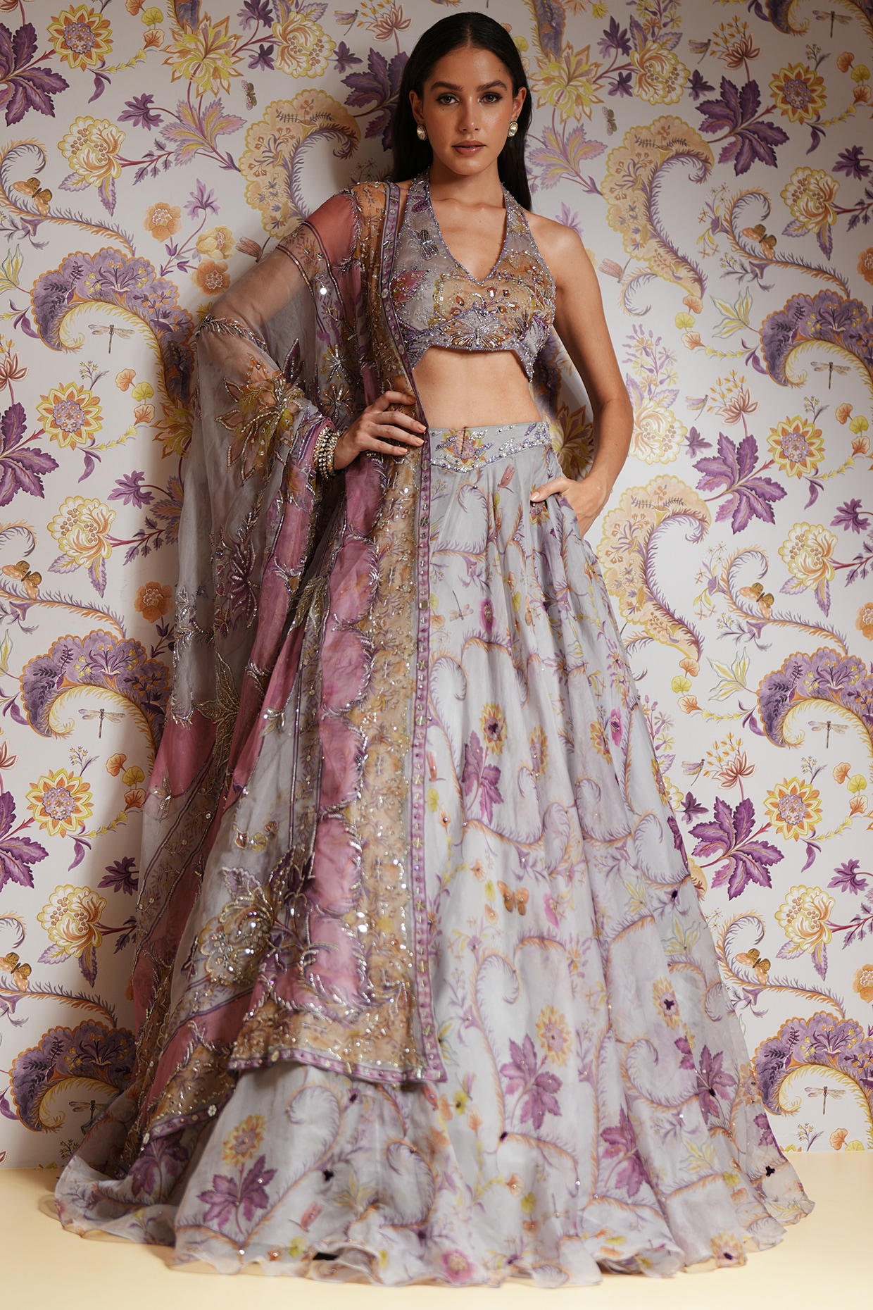 Mahima Mahajan Steel Lilac Silk Organza Hand Embroidered Lehenga Set