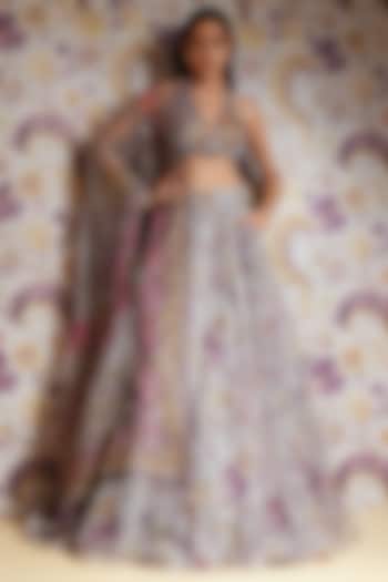 Steel Lilac Silk Organza Hand Embroidered Wedding Lehenga Set by Mahima Mahajan at Pernia's Pop Up Shop