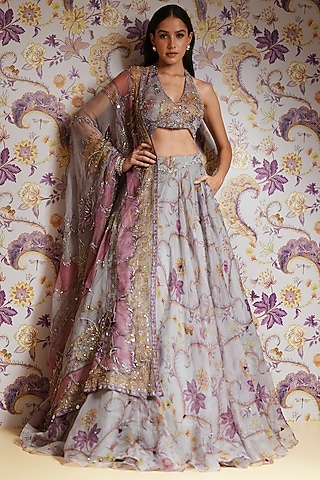 Steel Lilac Silk Organza Hand Embroidered Lehenga Set by Mahima Mahajan