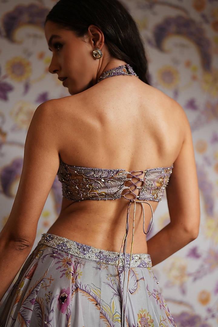 Steel Lilac Silk Organza Hand Embroidered Wedding Lehenga Set by Mahima Mahajan at Pernia's Pop Up Shop