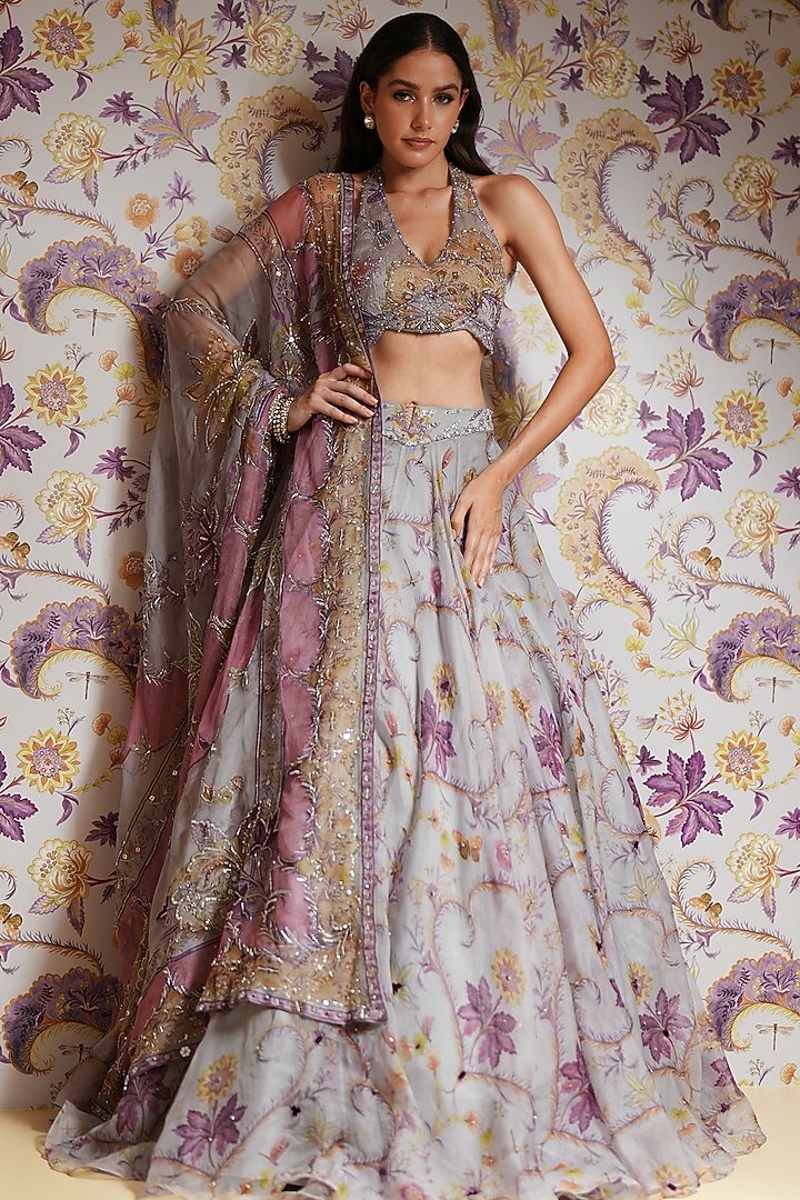 Steel Lilac Silk Organza Hand Embroidered Wedding Lehenga Set by Mahima Mahajan at Pernia's Pop Up Shop