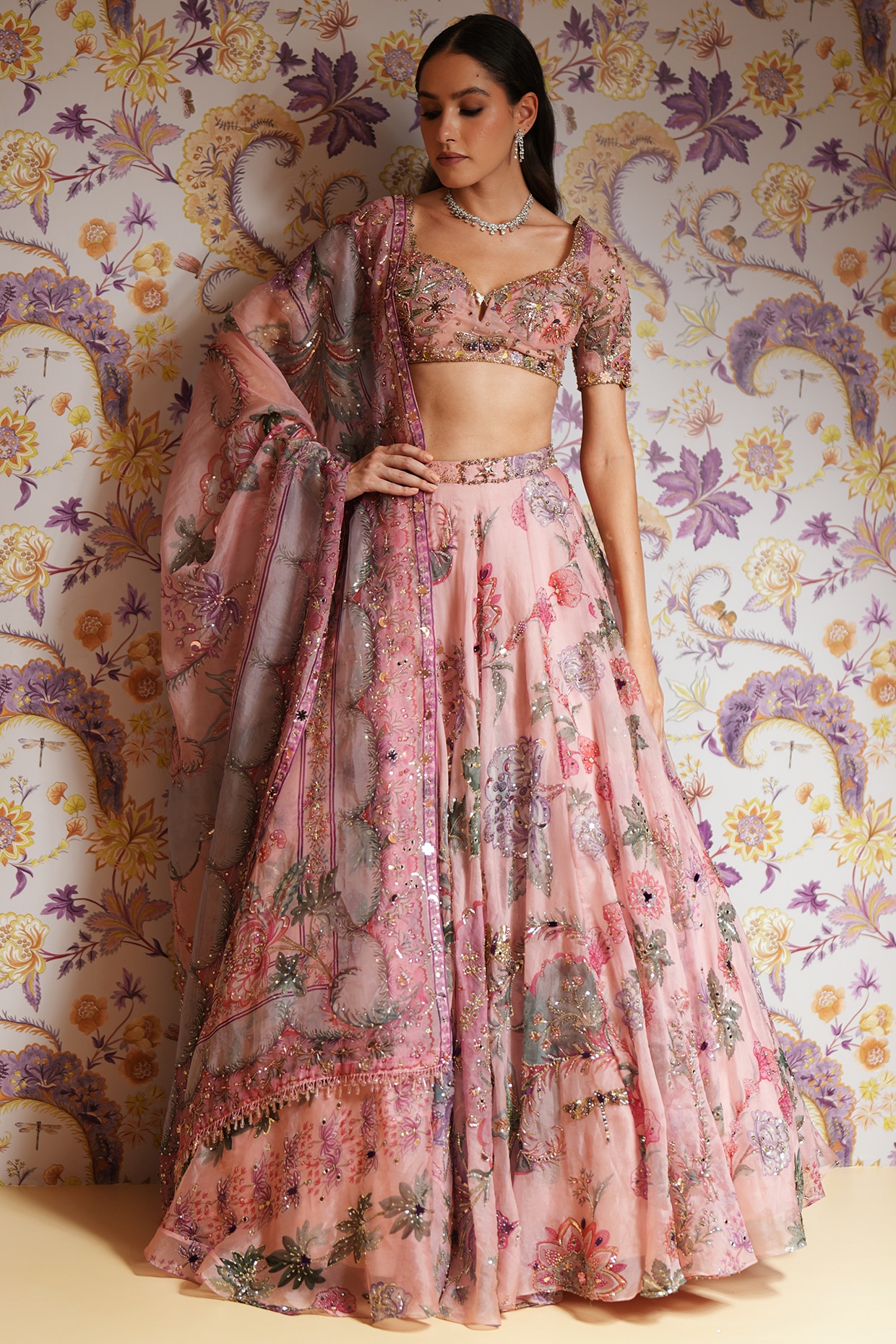 Mahima Mahajan Blush Pink Silk Organza Hand Embroidered Lehenga Set