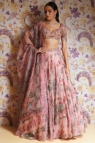Blush Pink Silk Organza Hand Embroidered Lehenga Set by Mahima Mahajan