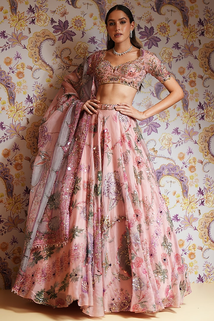 Blush Pink Silk Organza Hand Embroidered Bridal Lehenga Set by Mahima Mahajan at Pernia's Pop Up Shop