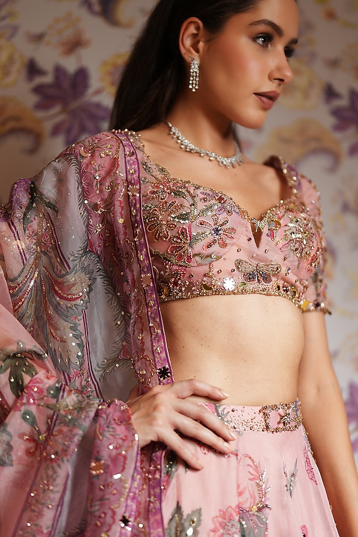 Blush Pink Silk Organza Hand Embroidered Bridal Lehenga Set by Mahima Mahajan at Pernia's Pop Up Shop