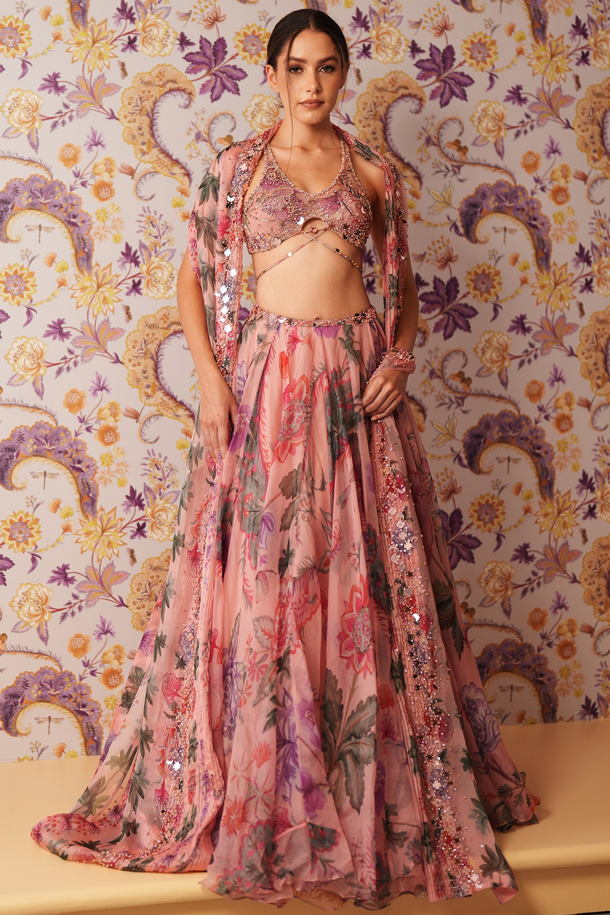 Mahima Mahajan Blush Pink Silk Organza Floral Printed Lehenga Set