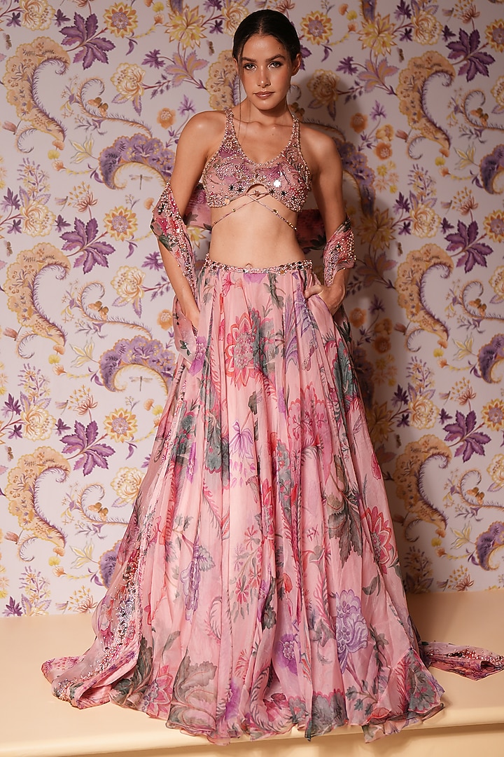 Blush Pink Silk Organza Floral Printed Wedding Lehenga Set by Mahima Mahajan at Pernia's Pop Up Shop