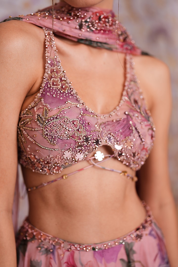 Blush Pink Silk Organza Floral Printed Wedding Lehenga Set by Mahima Mahajan at Pernia's Pop Up Shop