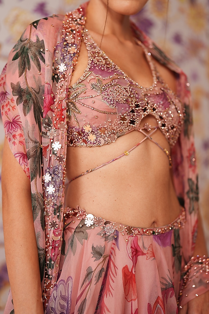 Blush Pink Silk Organza Floral Printed Wedding Lehenga Set by Mahima Mahajan at Pernia's Pop Up Shop