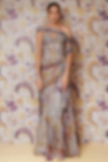 Steel Lilac Silk Organza Printed Draped Skirt Set by Mahima Mahajan at Pernia's Pop Up Shop