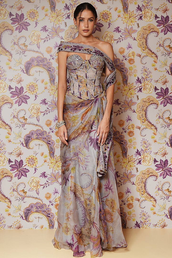 Steel Lilac Silk Organza Printed Draped Skirt Set by Mahima Mahajan at Pernia's Pop Up Shop