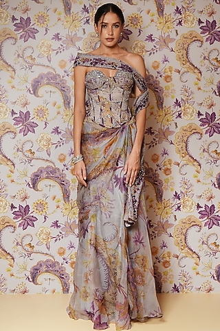 Steel Lilac Silk Organza Printed Draped Skirt Set by Mahima Mahajan