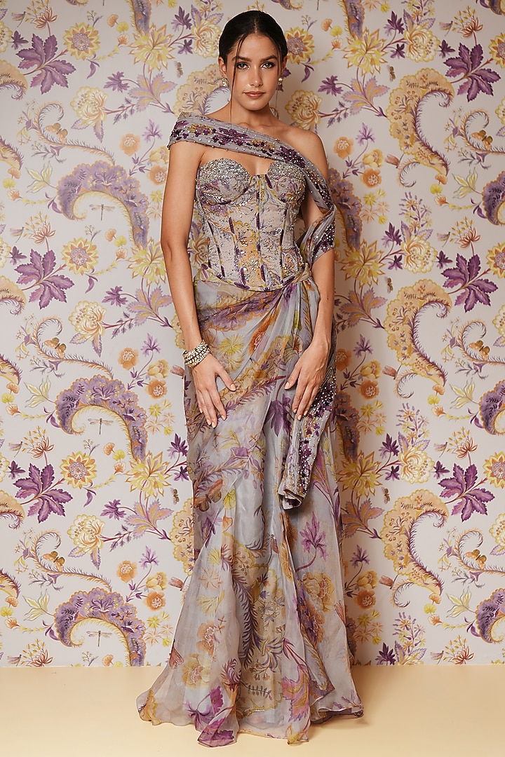 Steel Lilac Silk Organza Printed Draped Skirt Set by Mahima Mahajan at Pernia's Pop Up Shop
