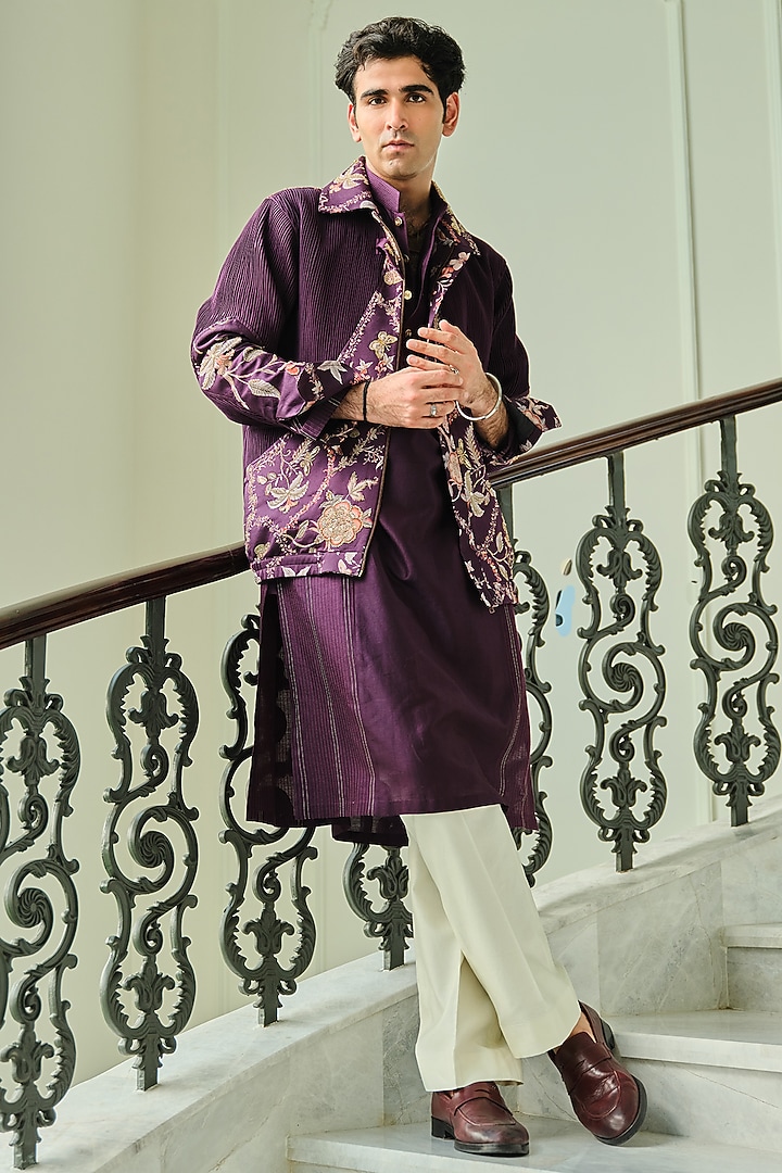 Jamun Purple Silk Chanderi Floral Printed & Embroidered Bomber Jacket Set by Mahima Mahajan Men at Pernia's Pop Up Shop