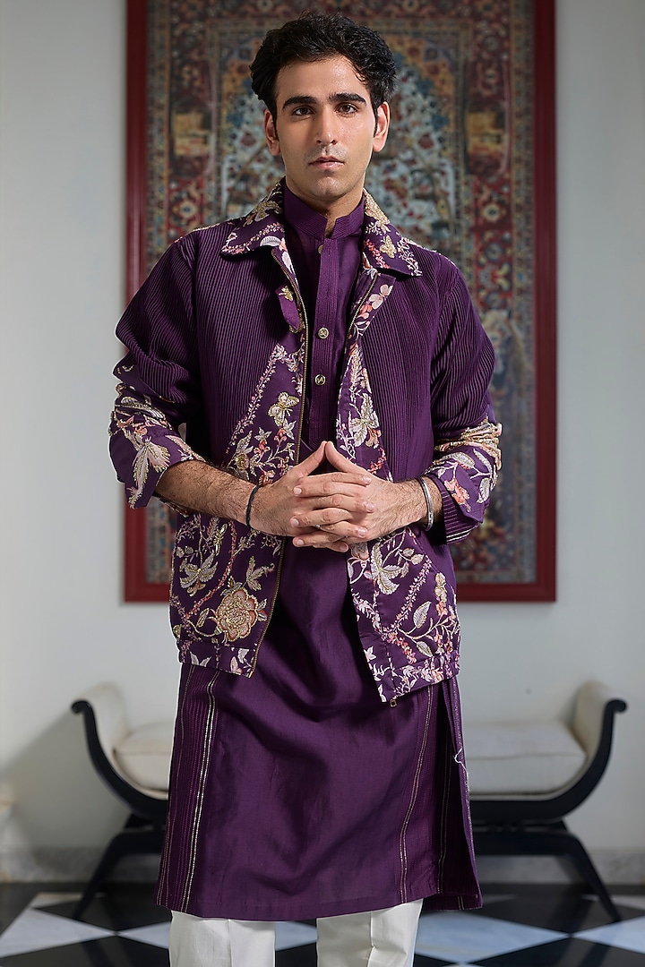 Jamun Purple Silk Chanderi Floral Printed & Embroidered Bomber Jacket Set by Mahima Mahajan Men at Pernia's Pop Up Shop