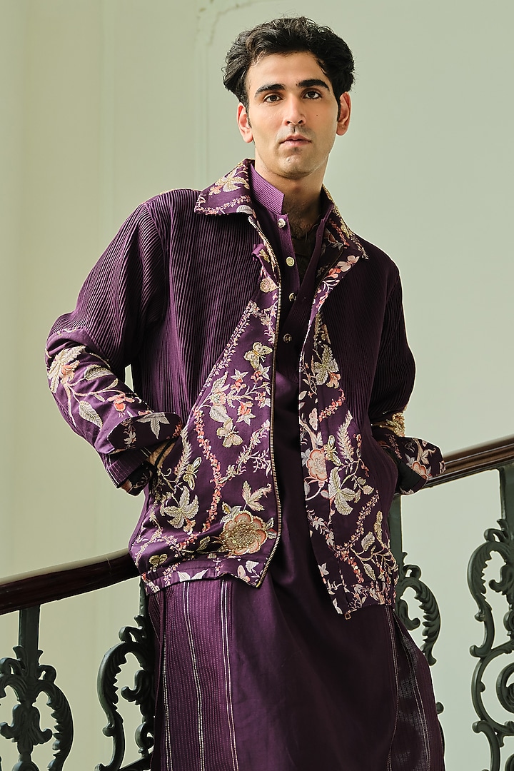 Jamun Purple Silk Chanderi Floral Printed & Embroidered Bomber Jacket Set by Mahima Mahajan Men at Pernia's Pop Up Shop