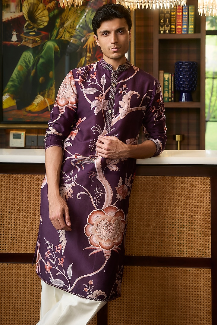 Jamun Purple Silk Chanderi Floral Motifs Kurta Set by Mahima Mahajan Men at Pernia's Pop Up Shop