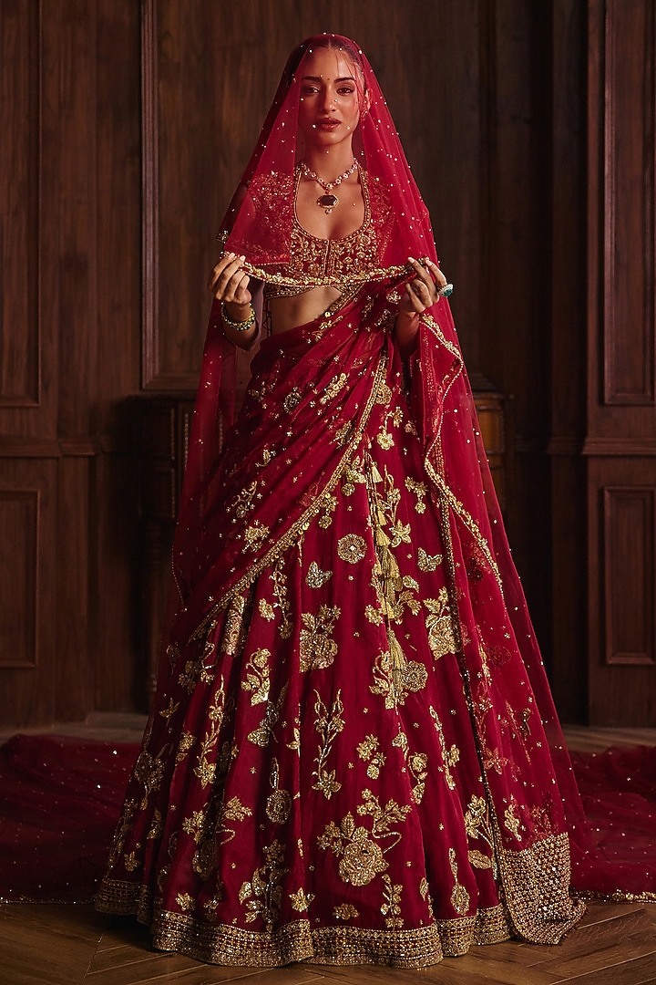 Crimson Red Silk Organza Zardosi Embroidered Bridal Bridal Lehenga Set by Mahima Mahajan at Pernia's Pop Up Shop