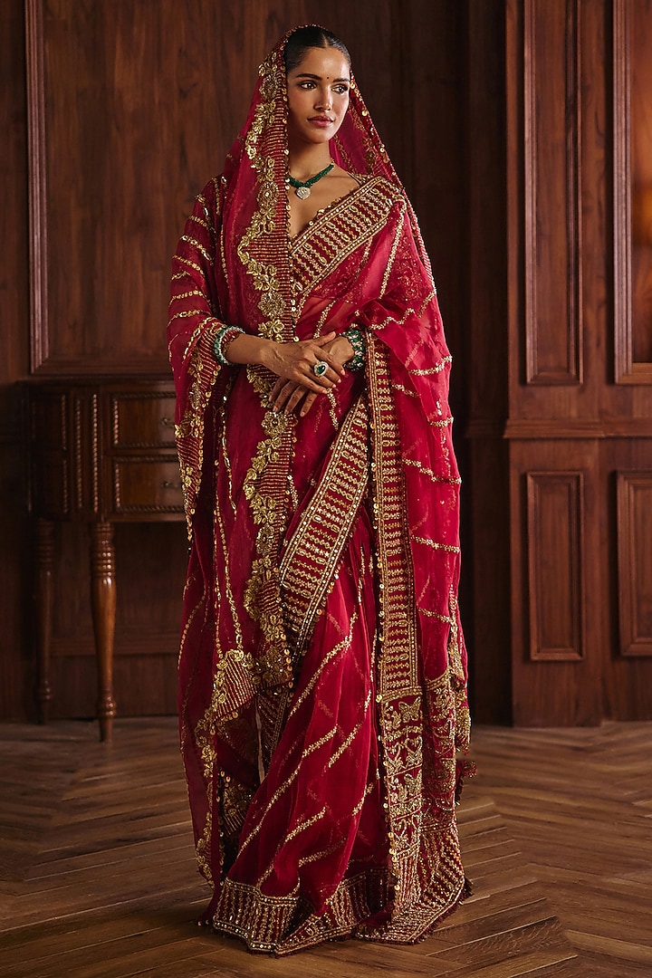 Crimson Red Silk Organza Hand Embroidered Bridal Bridal Saree Set by Mahima Mahajan at Pernia's Pop Up Shop