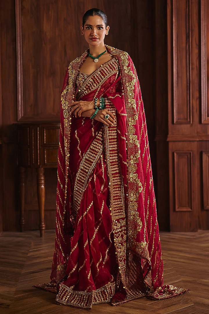 Crimson Red Silk Organza Hand Embroidered Bridal Bridal Saree Set by Mahima Mahajan at Pernia's Pop Up Shop