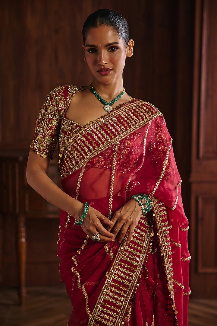 Crimson Red Silk Organza Hand Embroidered Bridal Bridal Saree Set by Mahima Mahajan at Pernia's Pop Up Shop