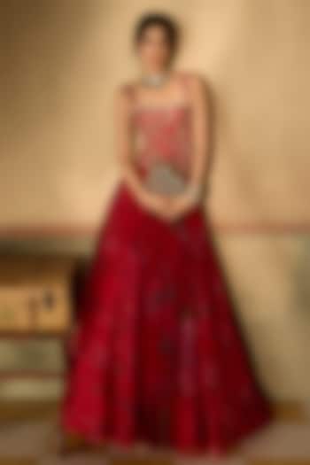 Red Silk Organza Printed Skirt Set by Mahima Mahajan at Pernia's Pop Up Shop
