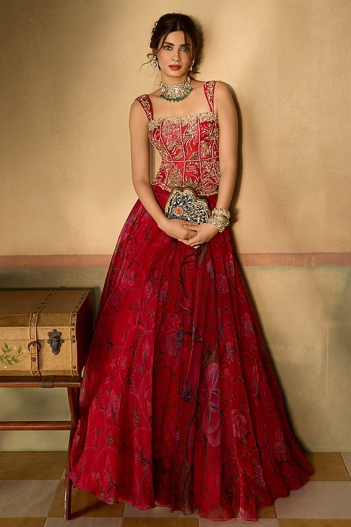 Red Silk Organza Printed Skirt Set by Mahima Mahajan at Pernia's Pop Up Shop