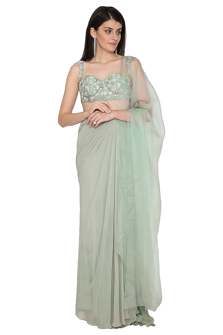 Jade Georgette & Organza Pre-Stitched Wedding Saree Set by Mahima Mahajan at Pernia's Pop Up Shop